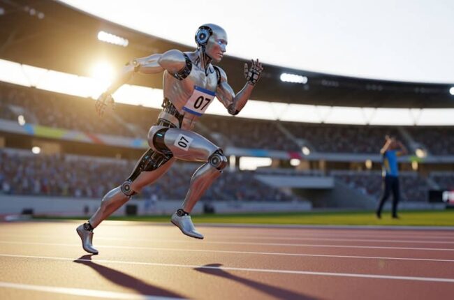 Robot umanoide "numero 07" in corsa su una pista da atletica al tramonto.