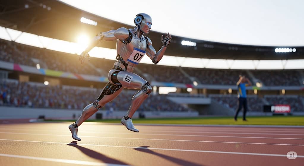 Robot umanoide "numero 07" in corsa su una pista da atletica al tramonto.