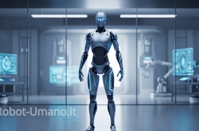 Un robot umanoide futuristico in un ambiente di laboratorio pulito e illuminato. Il robot, con un design elegante e accenti luminosi blu, si trova in piedi al centro di una stanza con pareti di vetro e attrezzature scientifiche.