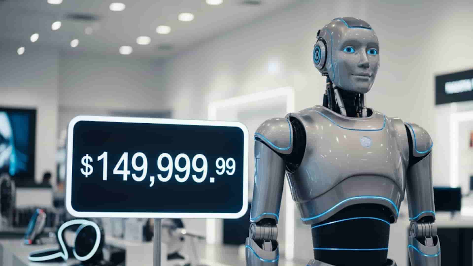 Un robot umanoide in vendita in un negozio di elettronica con un prezzo di $149.999,99.